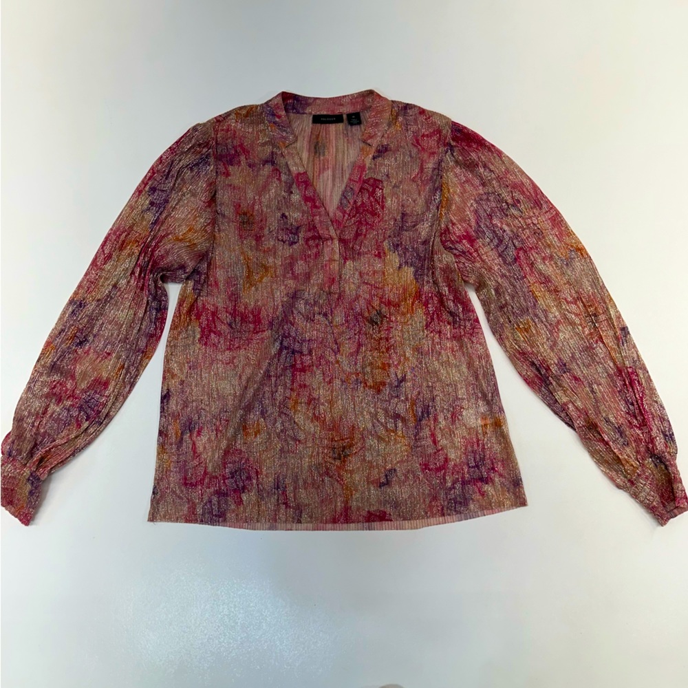 Halogen Metallic Pastel Floral Print Sheer Long Sleeve Blouse Womens Size Medium